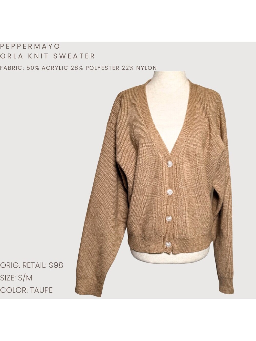 Peppermayo Orla Knit Cardigan Sweater Taupe S/M - Picture 2 of 9